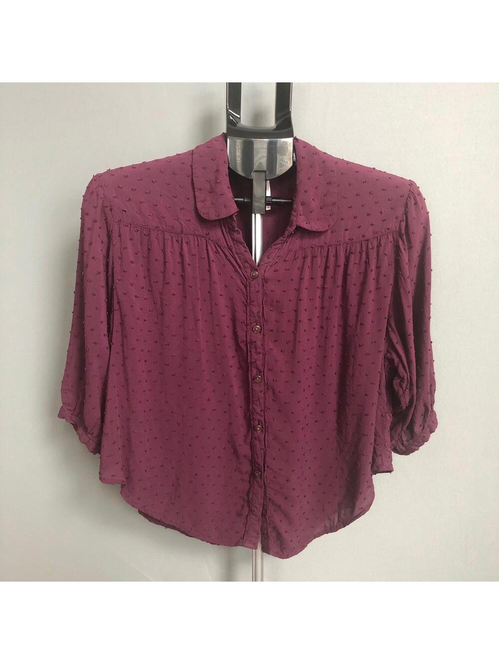 Free People Clip Dot Darby Sparrow Blouse XS Burgundy Boho Button Down Top